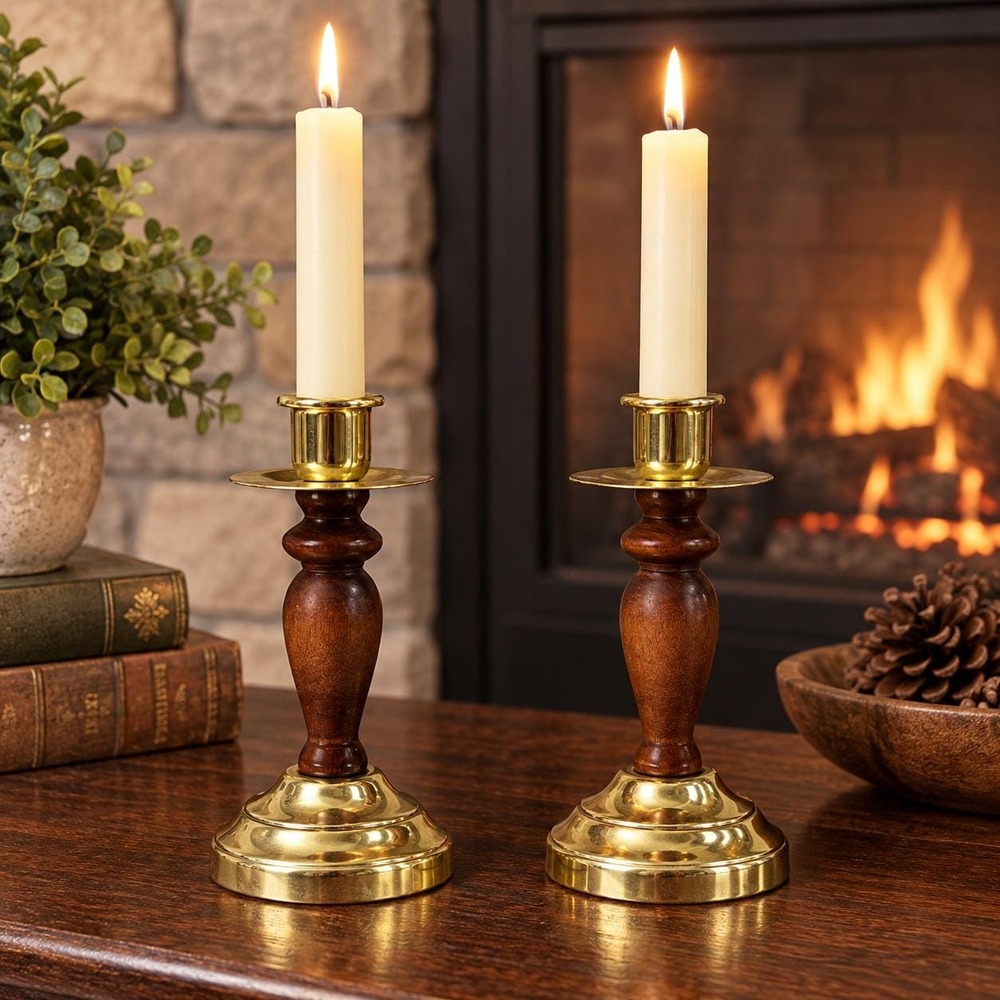 VTG Brass & Wood Candlestick Holders Pair Mid Century Traditional Candle Holders